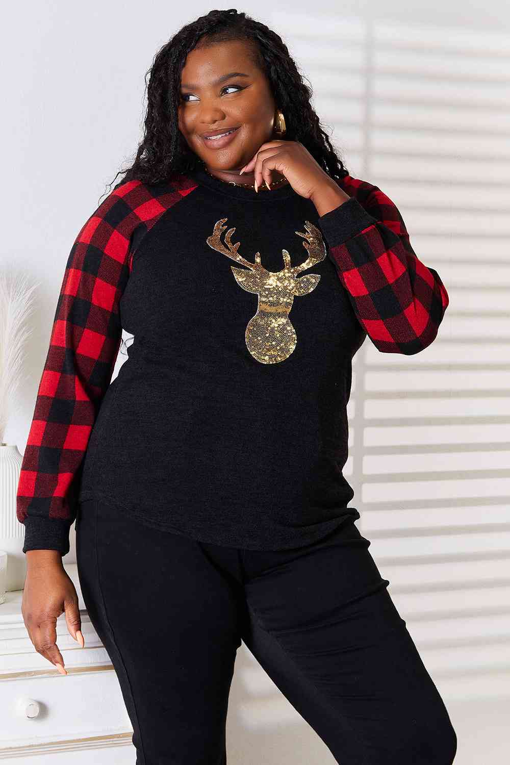 Sequin Reindeer Graphic Plaid Top - Women’s Clothing & Accessories - Shirts & Tops - 5 - 2024