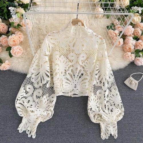 Lace Hollowed Out Blouses - Beige / One Size - Women’s Clothing & Accessories - Shirts & Tops - 32 - 2024