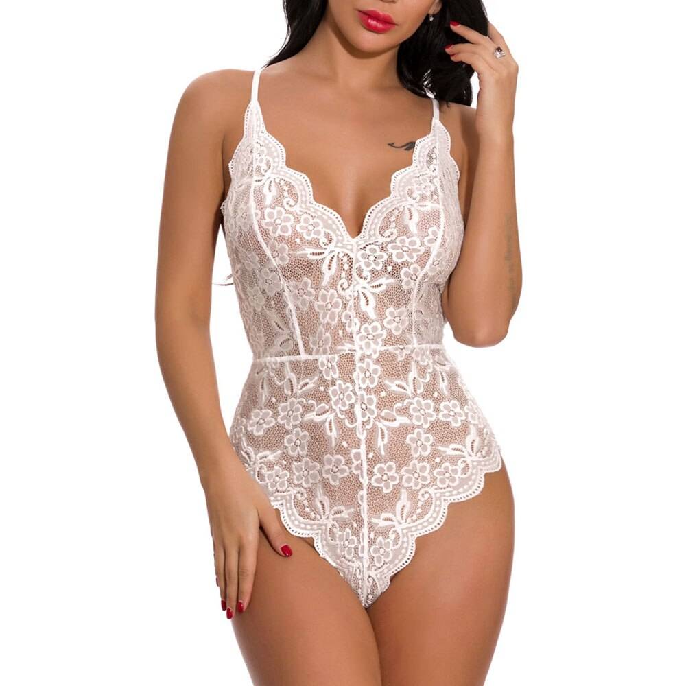 Lace V-Neck One Piece Teddies - White / L - Sexy Products - Lingerie - 12 - 2024