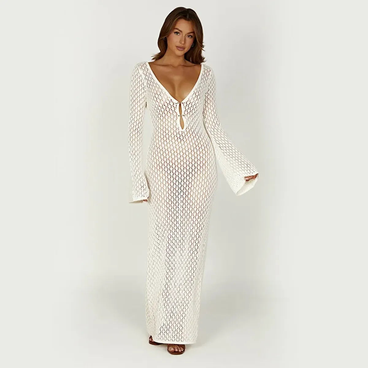 Chic Long Knit Beach Dress with Deep V-Neck Style Kawaii Stop Chic Long Knit Beach Dress with Deep V-Neck Style Kawaii Stop
