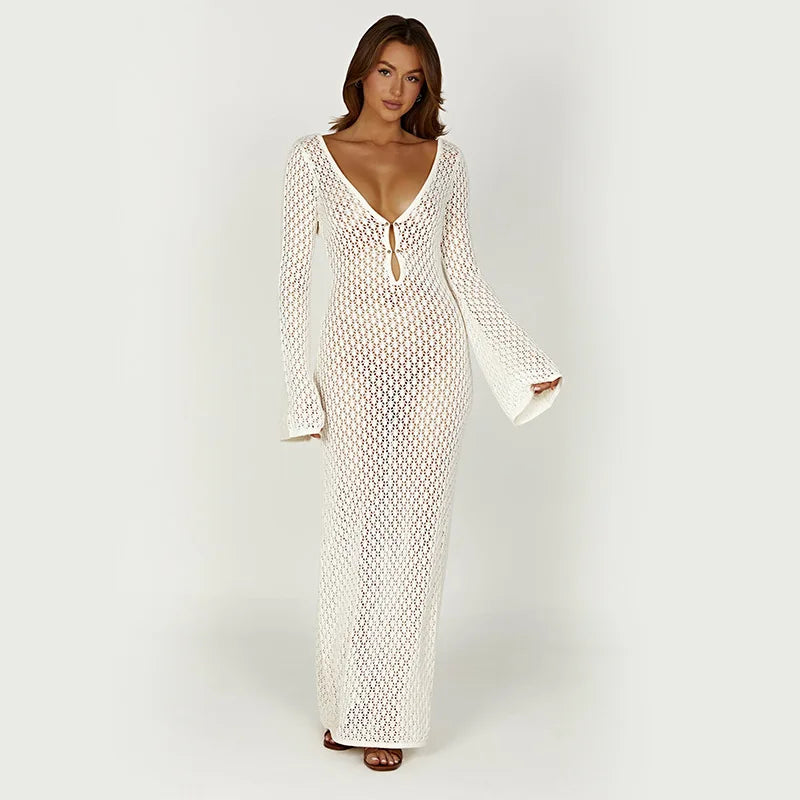 Sexy Women Long Knit Beach Dress Hollow-Out Deep V-Neck Long Sleeve Bikini Cover-Ups Dress Fall Backless Holiday Dress