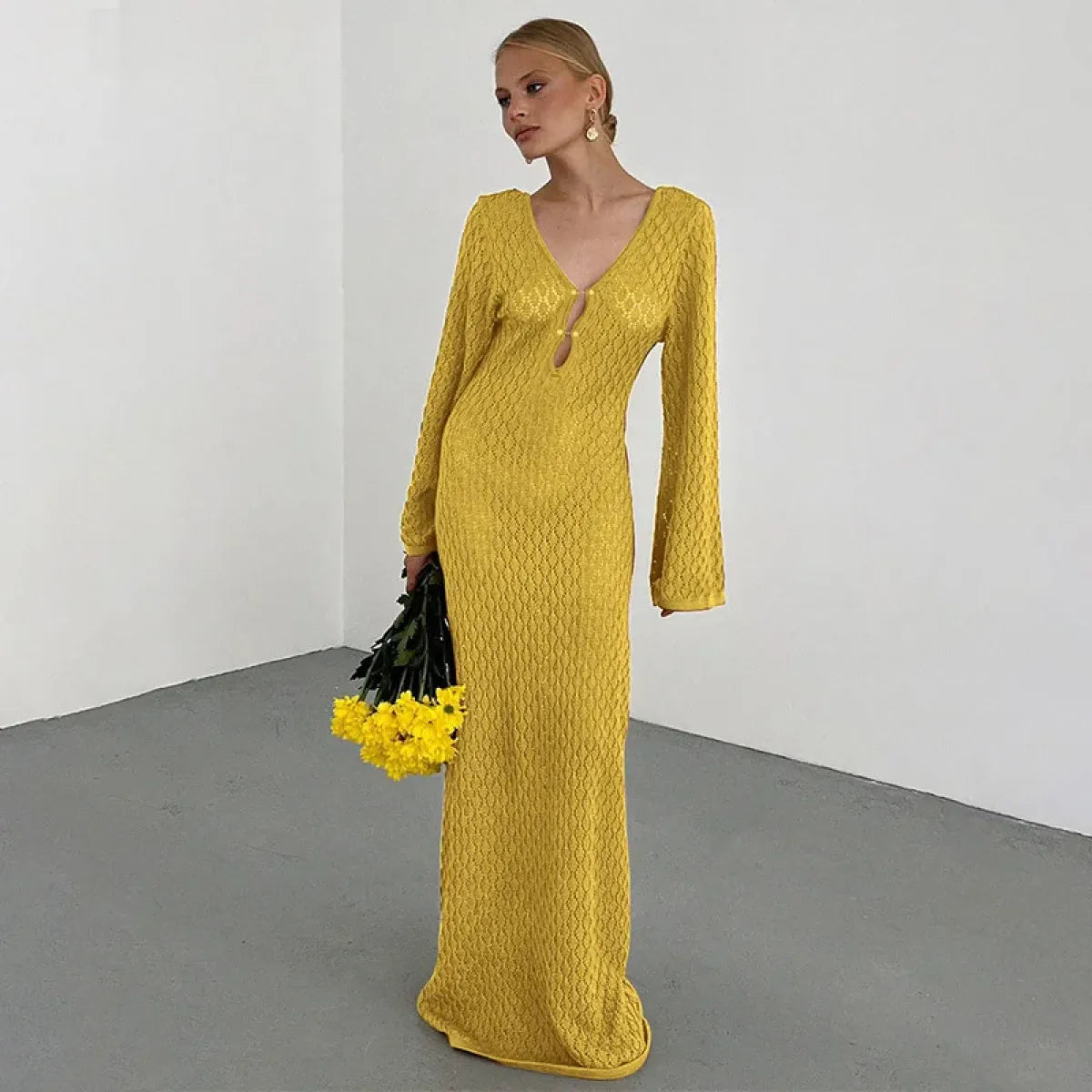 yomoko sexy deep v-neck long sleeve lace beach dress Chic Long Knit Beach Dress with Deep V-Neck Style Kawaii Stop