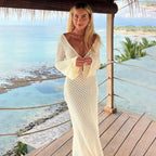Sexy Women Long Knit Beach Dress Hollow-Out Deep V-Neck Long Sleeve Bikini Cover-Ups Dress Fall Backless Holiday Dress