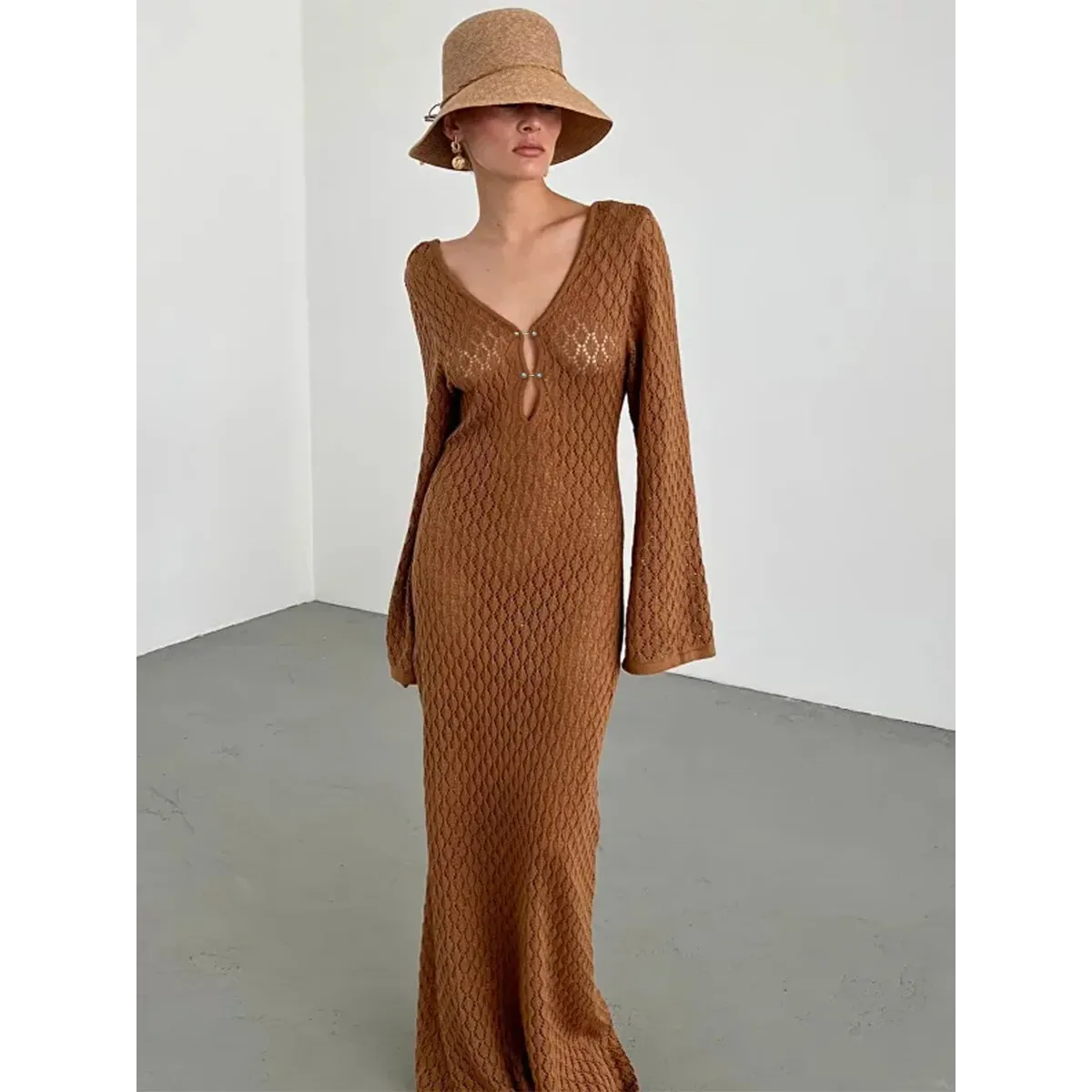 Chic Long Knit Beach Dress with Deep V-Neck Style Kawaii Stop Chic Long Knit Beach Dress with Deep V-Neck Style Kawaii Stop