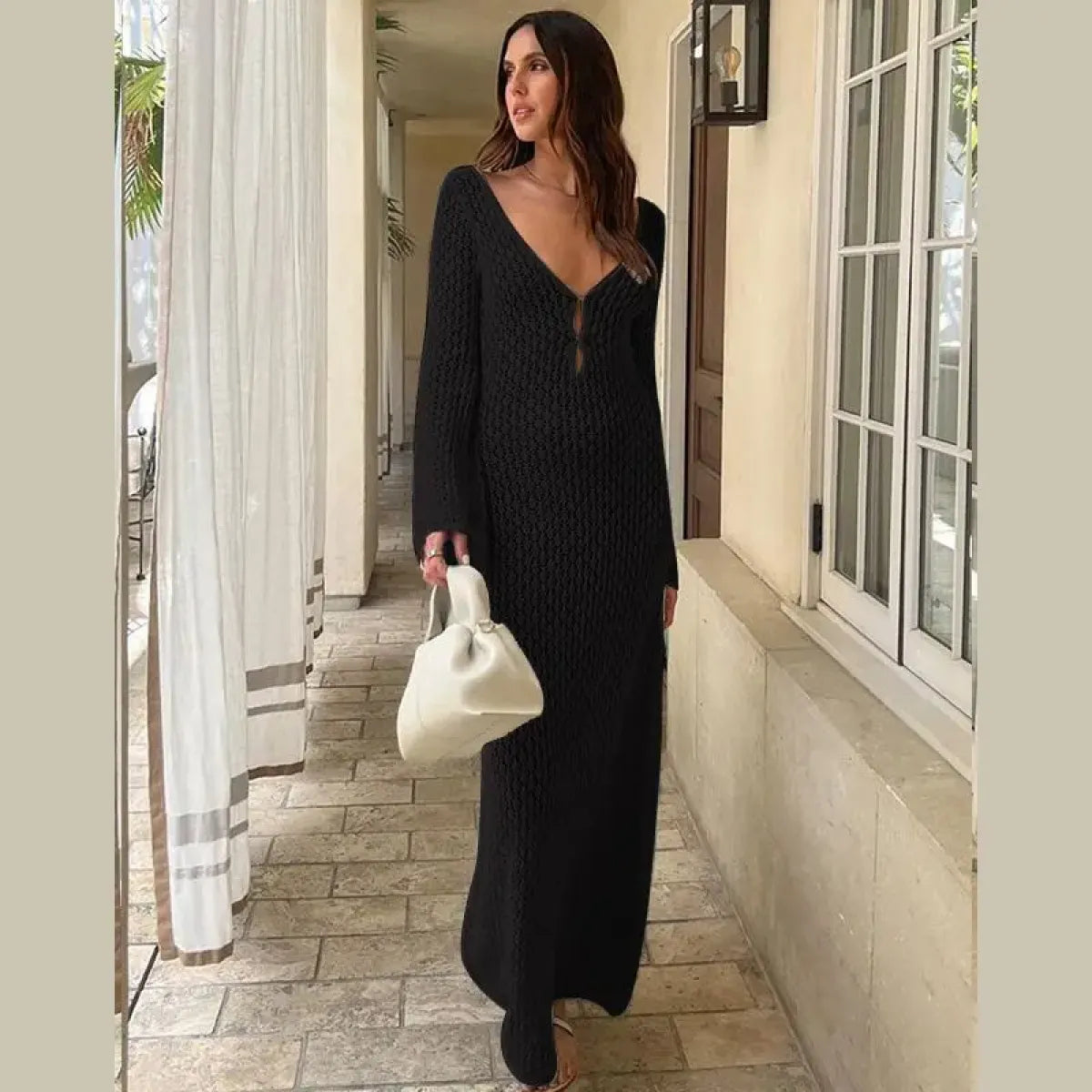 Chic Long Knit Beach Dress with Deep V-Neck Style Kawaii Stop Chic Long Knit Beach Dress with Deep V-Neck Style Kawaii Stop