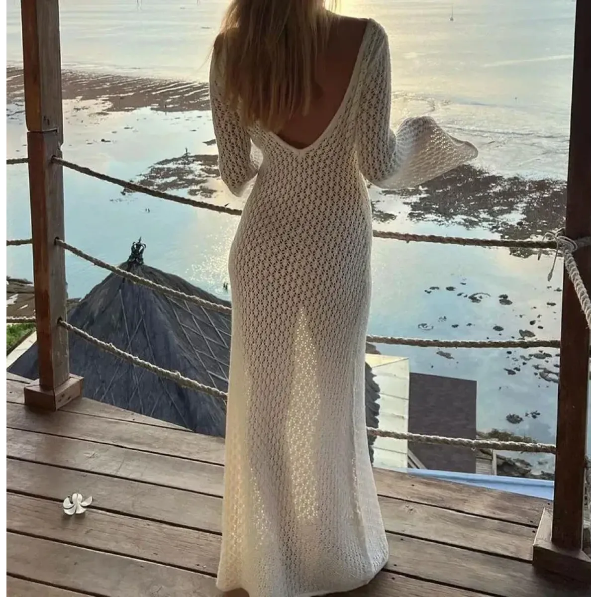 Chic Long Knit Beach Dress with Deep V-Neck Style Kawaii Stop Chic Long Knit Beach Dress with Deep V-Neck Style Kawaii Stop