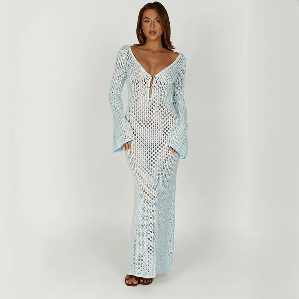 Sexy Women Long Knit Beach Dress Hollow-Out Deep V-Neck Long Sleeve Bikini Cover-Ups Dress Fall Backless Holiday Dress