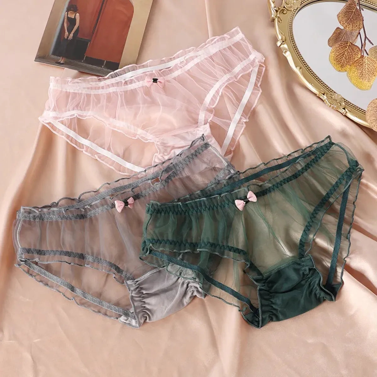Sheer Lace Mesh Low Waist Panties with Cute Bows Pink / One Size Sheer Lace Mesh Low Waist Panties with Cute Bows Pink / One Size
