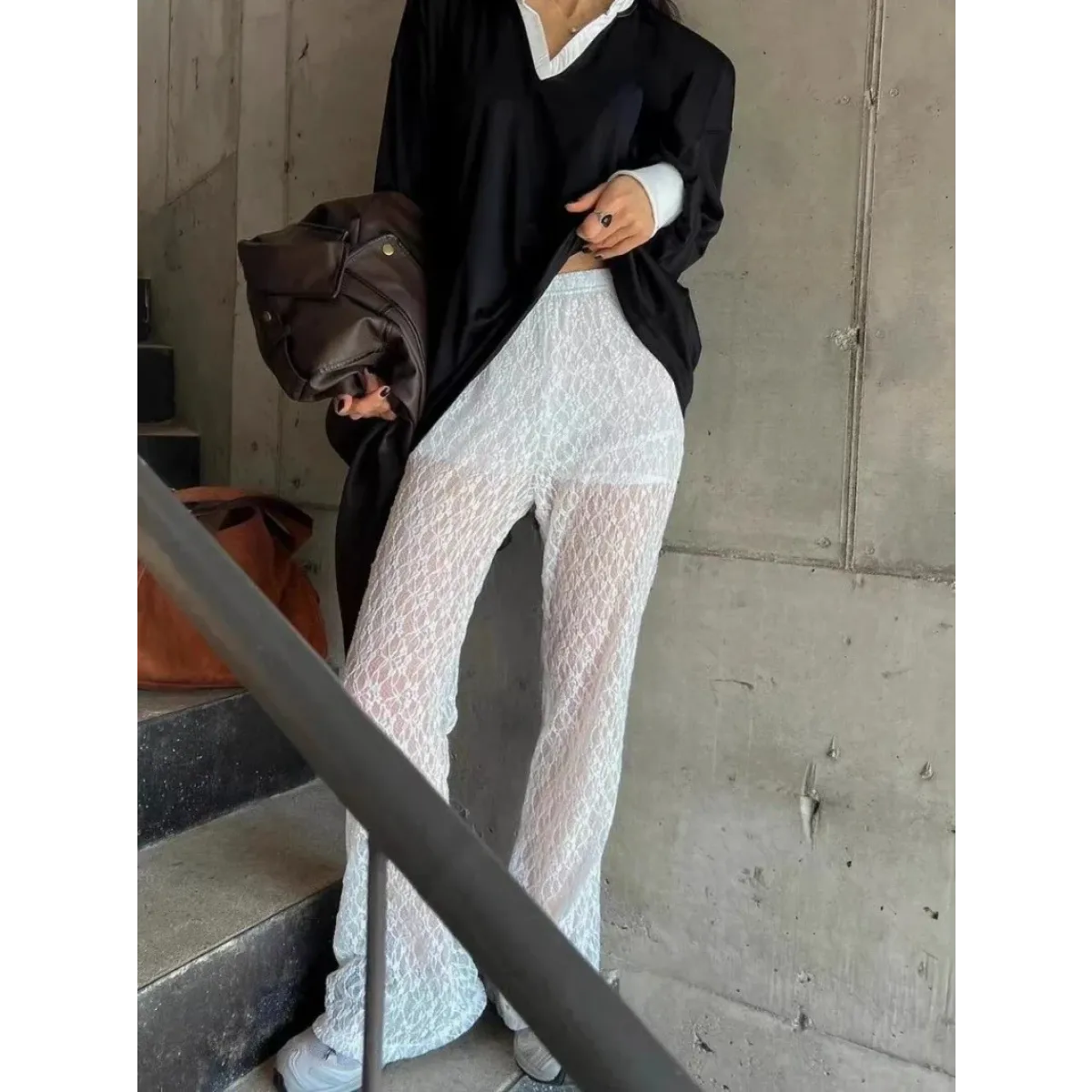 Sheer Lace Wide Leg Pants with Elastic Waist - Bottoms - Pants - 1