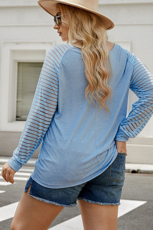 Plus Size Sheer Striped Sleeve V-Neck Top - T-Shirts - Shirts & Tops - 2 - 2024