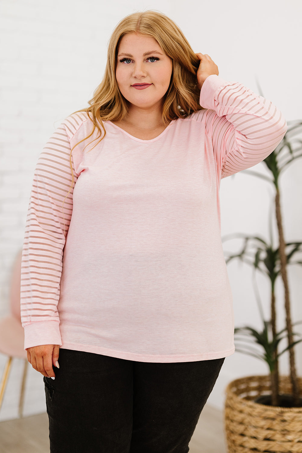 Plus Size Sheer Striped Sleeve V-Neck Top - T-Shirts - Shirts & Tops - 5 - 2024