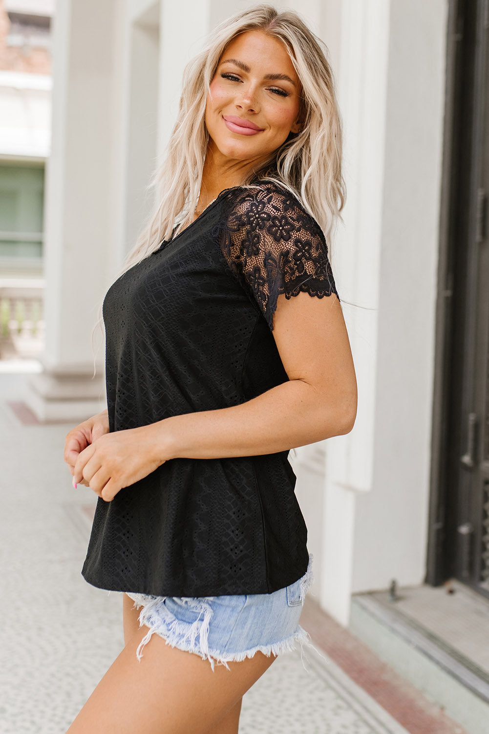 V-Neck Short Sleeve Lace Trim Blouse - Women’s Clothing & Accessories - Shirts & Tops - 5 - 2024