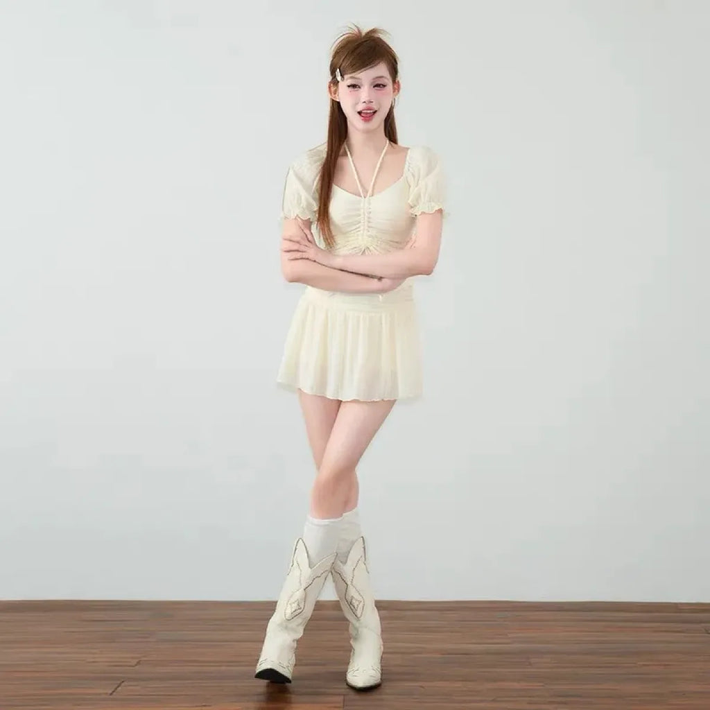 Ruffle Sleeve Bikini Set – Lace Trim Puff Top with Skirt Cover-Up - Bottoms - Swimwear - 12