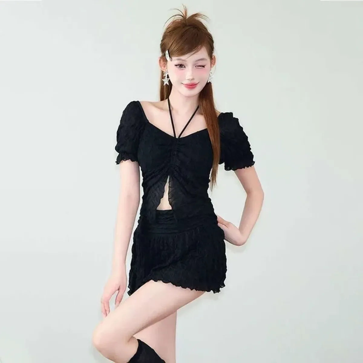 Ruffle Sleeve Bikini Set – Lace Trim Puff Top with Skirt Cover-Up - Bottoms - Swimwear - 9