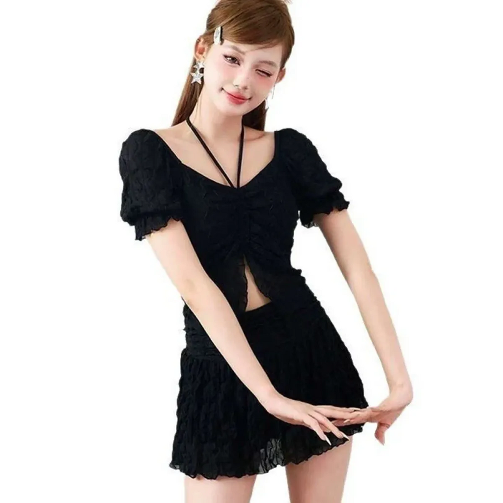 Ruffle Sleeve Bikini Set – Lace Trim Puff Top with Skirt Cover-Up - Bottoms - Swimwear - 5