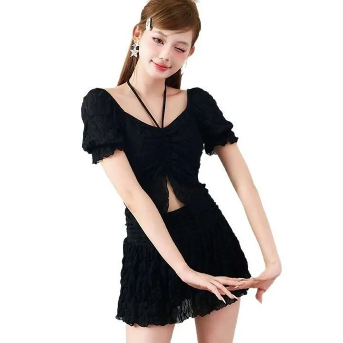 Ruffle Sleeve Bikini Set – Lace Trim Puff Top with Skirt Cover-Up - Bottoms - Swimwear - 5