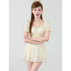 Ruffle Sleeve Bikini Set – Lace Trim Puff Top with Skirt Cover-Up - Bottoms - Swimwear - 4