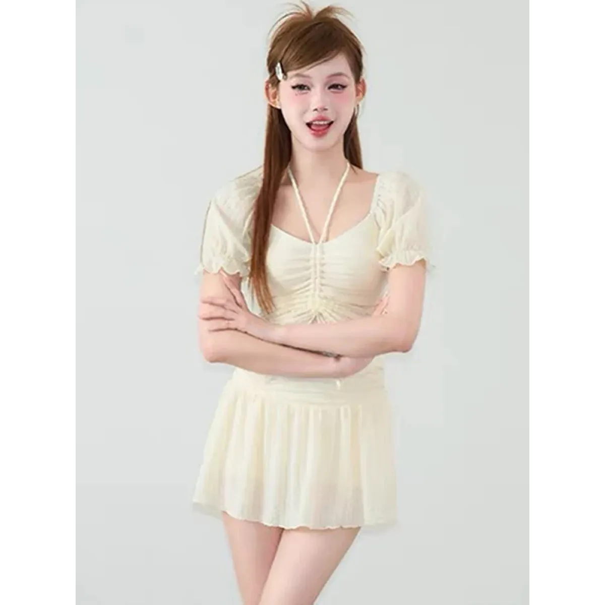 Ruffle Sleeve Bikini Set – Lace Trim Puff Top with Skirt Cover-Up - Bottoms - Swimwear - 4