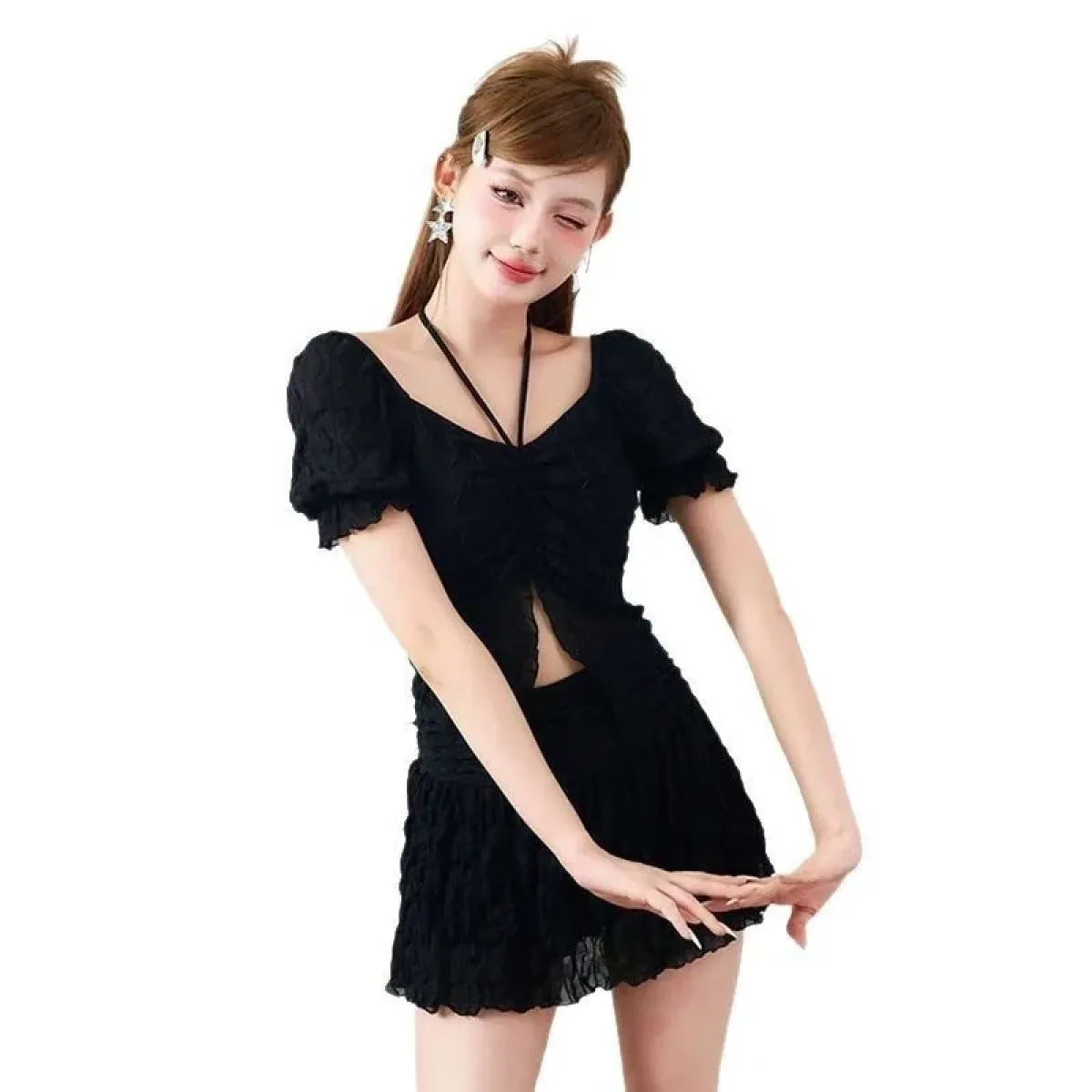 Ruffle Sleeve Bikini Set – Lace Trim Puff Top with Skirt Cover-Up - Bottoms - Swimwear - 10