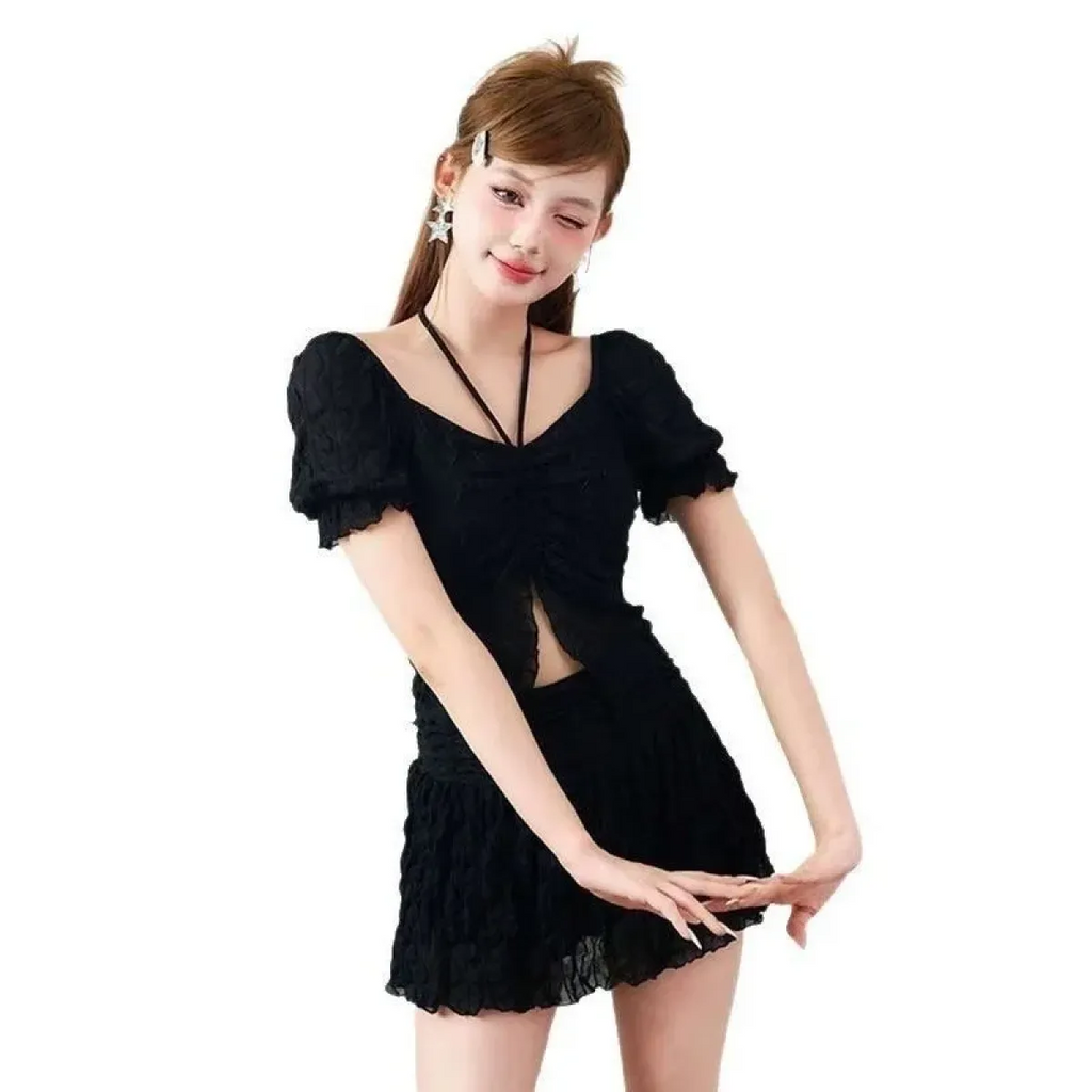 Ruffle Sleeve Bikini Set – Lace Trim Puff Top with Skirt Cover-Up - Bottoms - Swimwear - 14