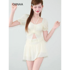 Ruffle Sleeve Bikini Set – Lace Trim Puff Top with Skirt Cover-Up - Bottoms - Swimwear - 2