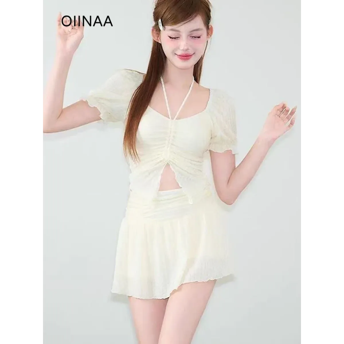 Ruffle Sleeve Bikini Set – Lace Trim Puff Top with Skirt Cover-Up - Bottoms - Swimwear - 2