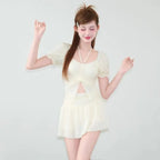 Ruffle Sleeve Bikini Set – Lace Trim Puff Top with Skirt Cover-Up - Bottoms - Swimwear - 8