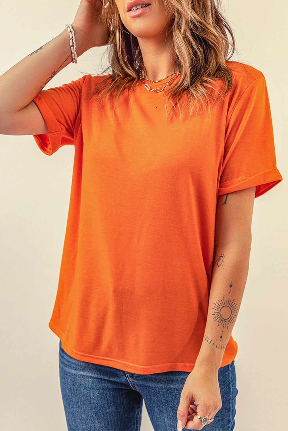 Round Neck Cuffed Short Sleeve Tee - T-Shirts - Shirts & Tops - 9 - 2024