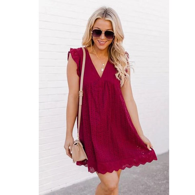 Short Sleeve V-Neck Lace Dress - Red / XXL - All Dresses - Dresses - 11 - 2024