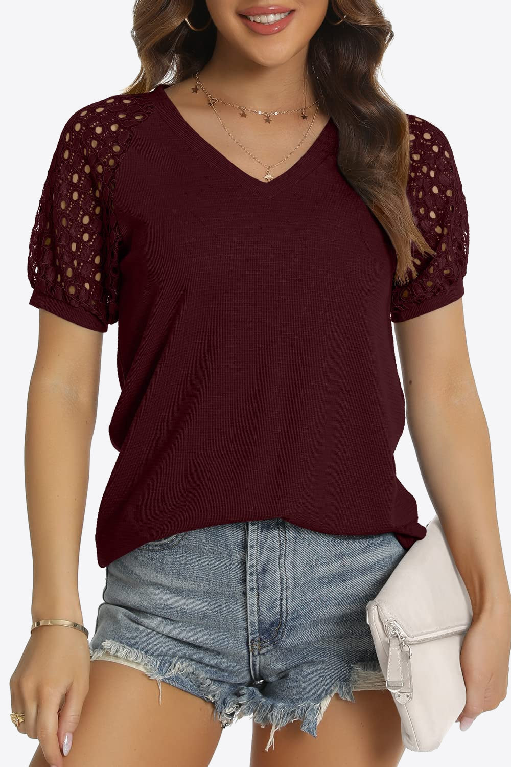 Short Sleeve V-Neck Tee - Dark Red / S - T-Shirts - Shirts & Tops - 19 - 2024