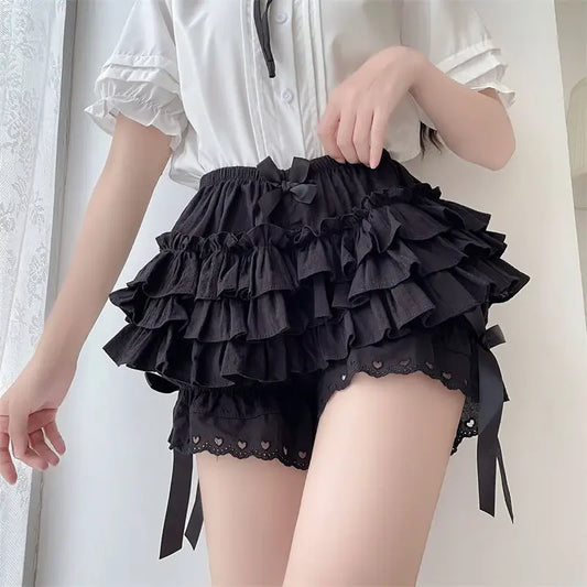 Black & White Ruffle Shorts - Kawaii Lace Bowknot Safety Panties - Black / S (40-48KG) - Shorts - Shorts - 3 - 2024