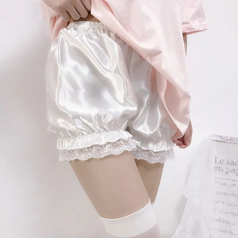 Gothic Lace Shorts - Sweet Bow Ruffle Bloomers - Satin white / M - Shorts - Shorts - 7 - 2024