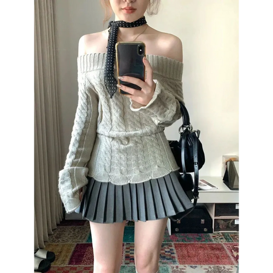 Off Shoulder Cable Knit Sweater - Sweaters - Sweaters - 1