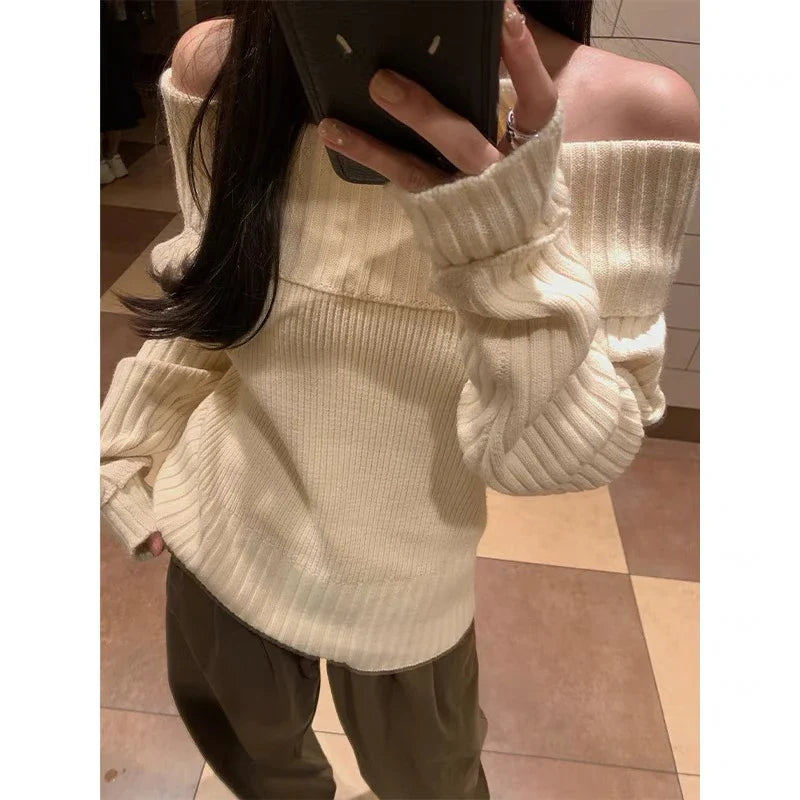 Beige Off Shoulder Knit Sweater – Elegant Harajuku Long Sleeve Pullover - Beige / S - Sweaters - Sweaters - 2025 - 13