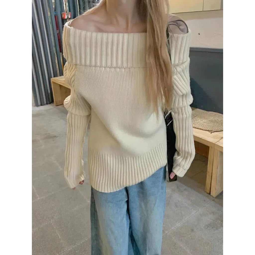Beige Off Shoulder Knit Sweater – Elegant Harajuku Long Sleeve Pullover - Sweaters - Off-Shoulder - Sweaters - 4