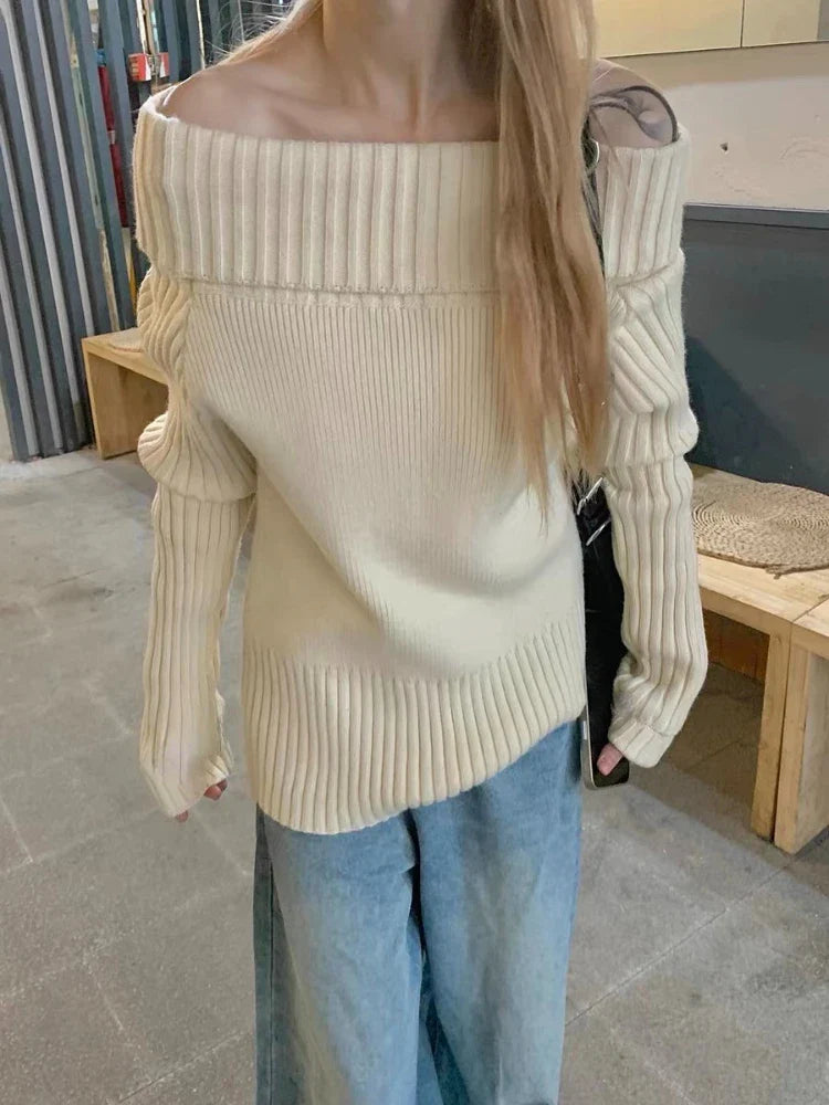 Beige Off Shoulder Knit Sweater – Elegant Harajuku Long Sleeve Pullover - Sweaters - Sweaters - 2025 - 4 - Worldwide