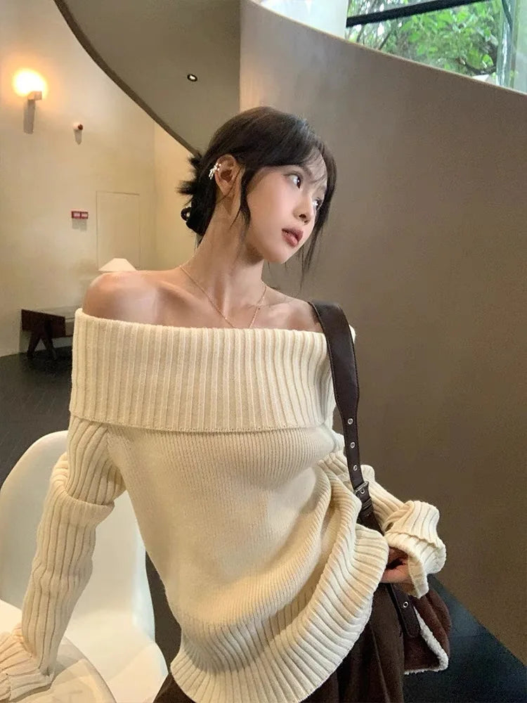 Beige Off Shoulder Knit Sweater – Elegant Harajuku Long Sleeve Pullover - Sweaters - Sweaters - 2025 - 6 - Worldwide