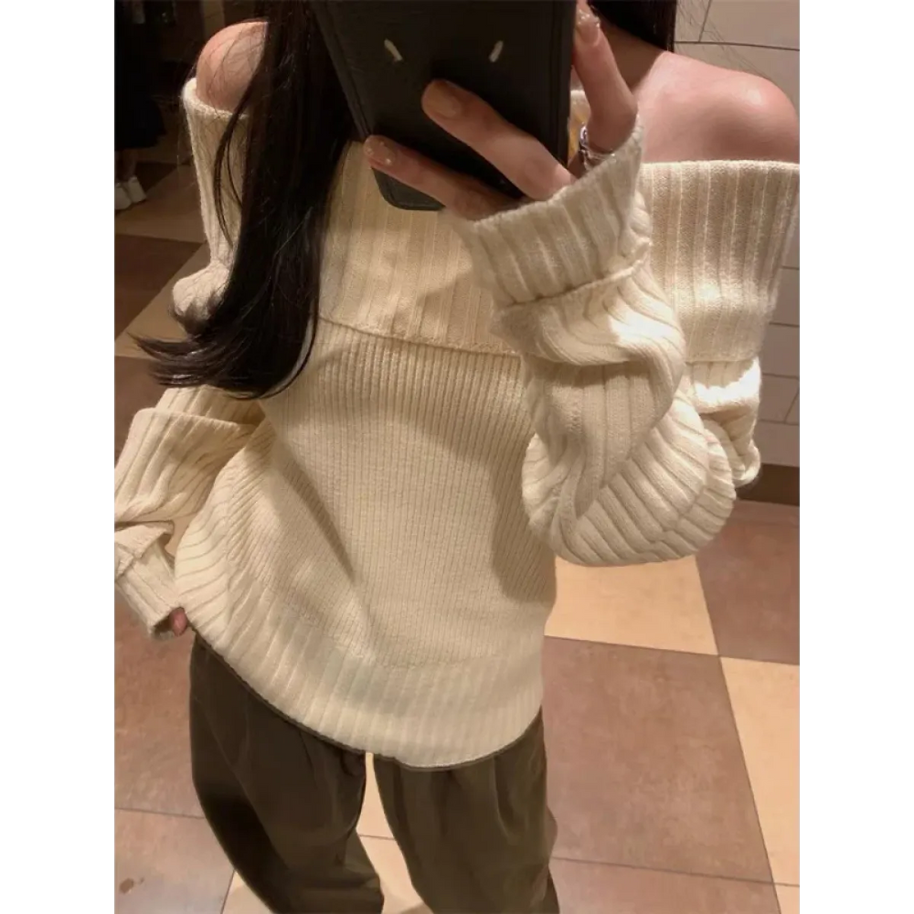 Beige Off Shoulder Knit Sweater – Elegant Harajuku Long Sleeve Pullover - Sweaters - Off-Shoulder - Sweaters - 1