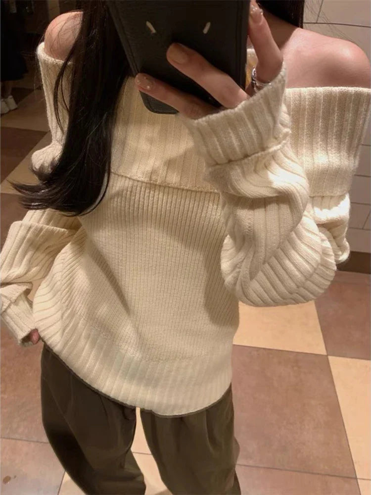 Beige Off Shoulder Knit Sweater – Elegant Harajuku Long Sleeve Pullover - Sweaters - Sweaters - 2025 - 1 - Worldwide