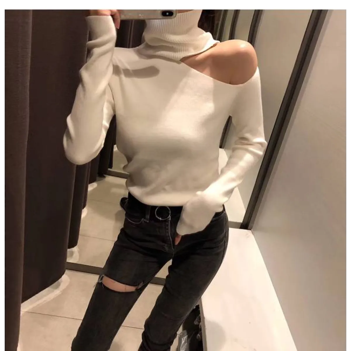 Off Shoulder Knitted Sweater - Sweaters - 10