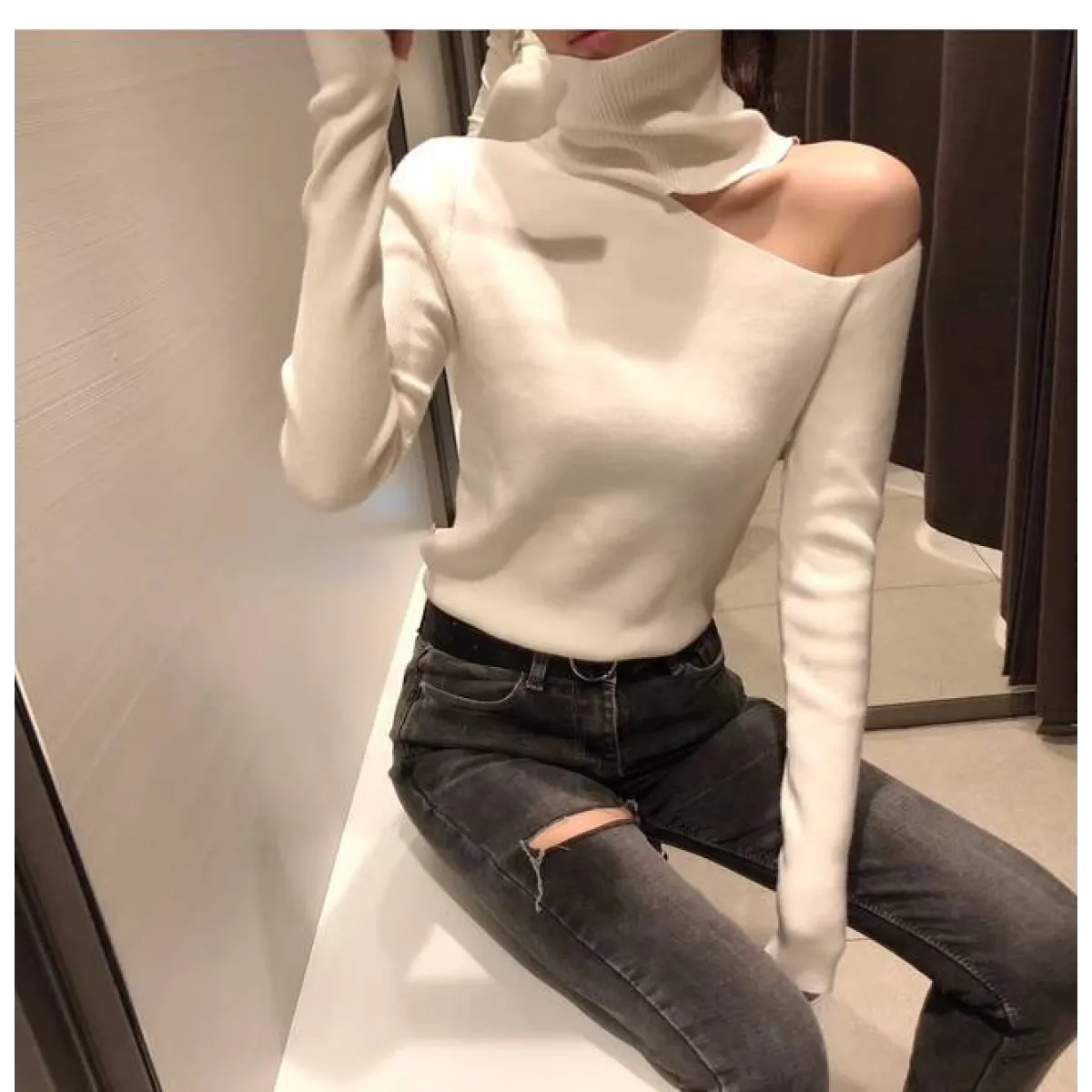 Off Shoulder Knitted Sweater - Sweaters - 11