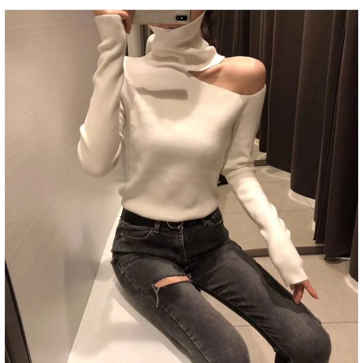 Off Shoulder Knitted Sweater - Sweaters - 12