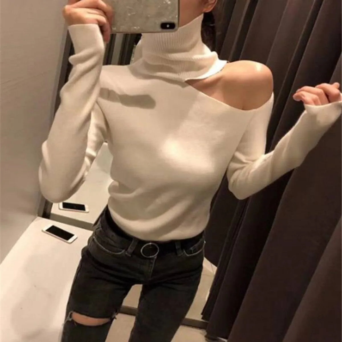 Off Shoulder Knitted Sweater - Sweaters - 17