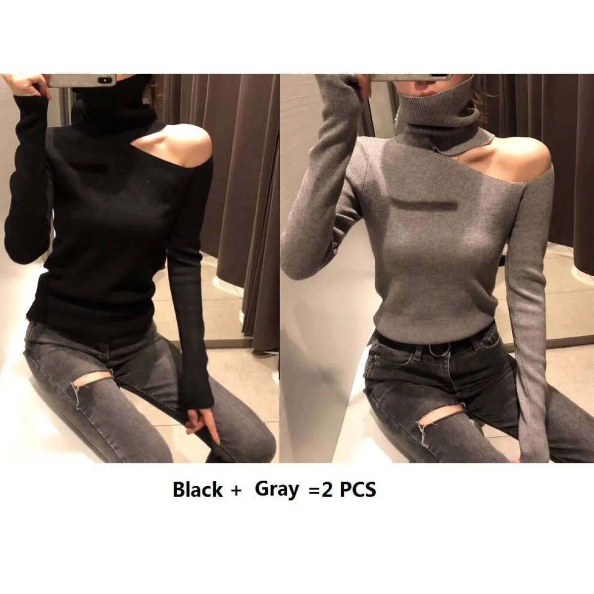 Off Shoulder Knitted Sweater - Sweaters - 19