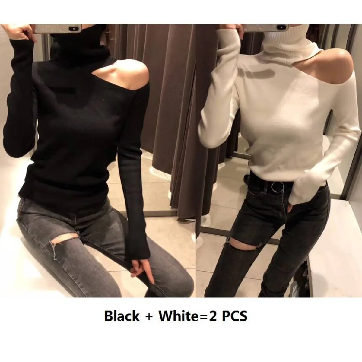 Off Shoulder Knitted Sweater - Sweaters - 21