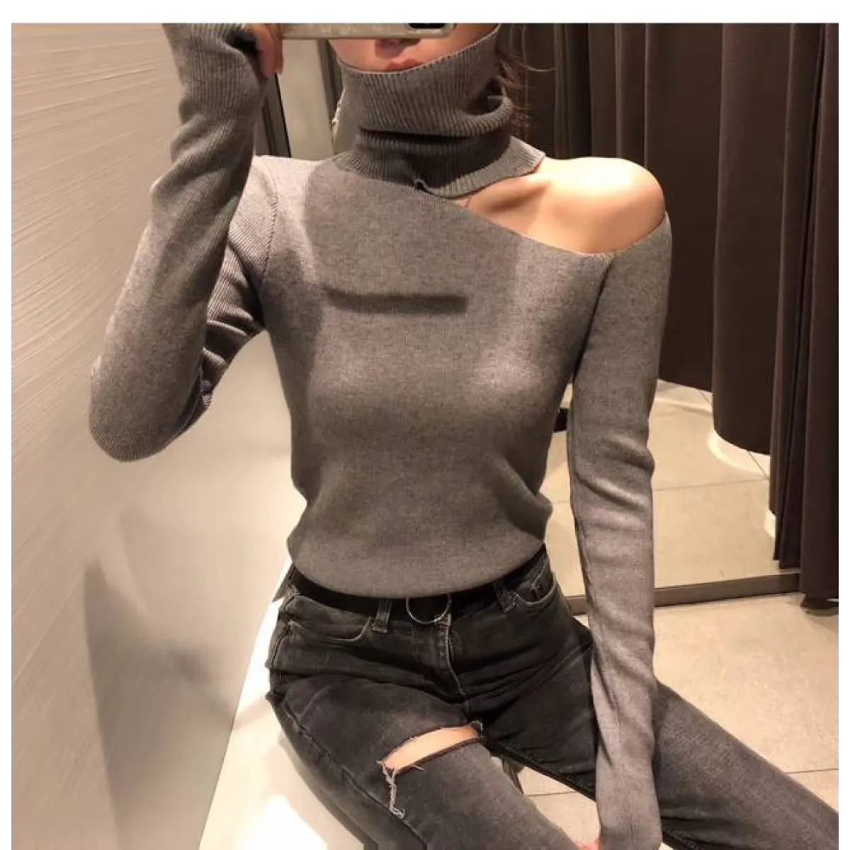 Off Shoulder Knitted Sweater - Sweaters - 6