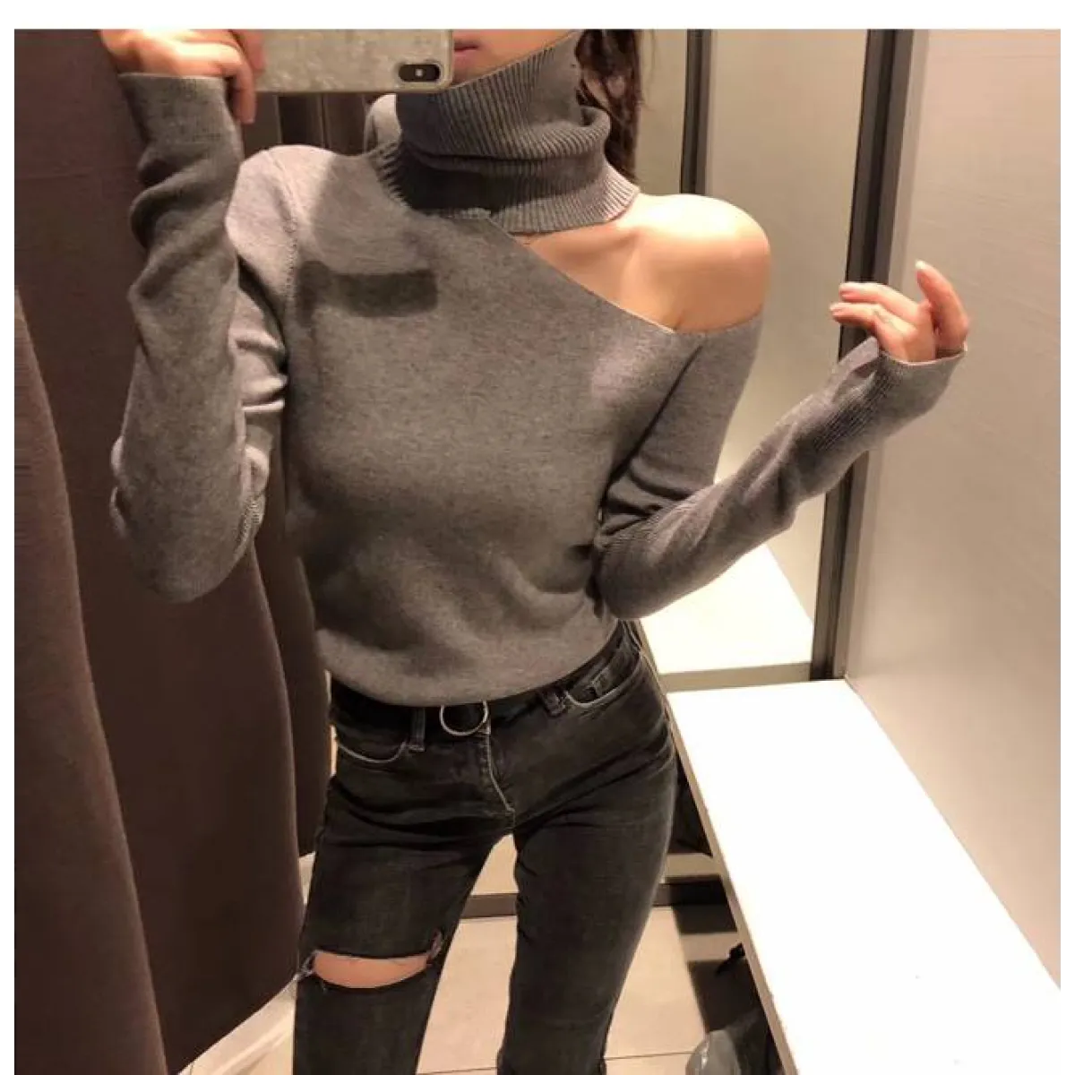 Off Shoulder Knitted Sweater - Sweaters - 7