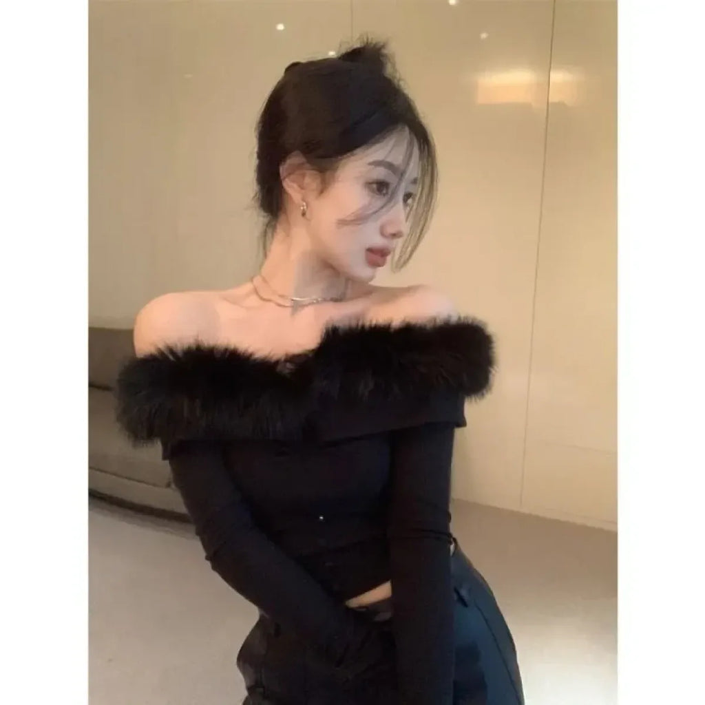 Off Shoulder Plush Trim Top – Y2K E-Girl Slim Fit Autumn Pullover - Tops & Tees - Long - Tops - 6