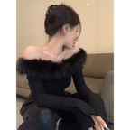 Off Shoulder Plush Trim Top – Y2K E-Girl Slim Fit Autumn Pullover - Tops & Tees - Long - Tops - 5