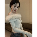 Off Shoulder Plush Trim Top – Y2K E-Girl Slim Fit Autumn Pullover - Tops & Tees - Long - Tops - 3